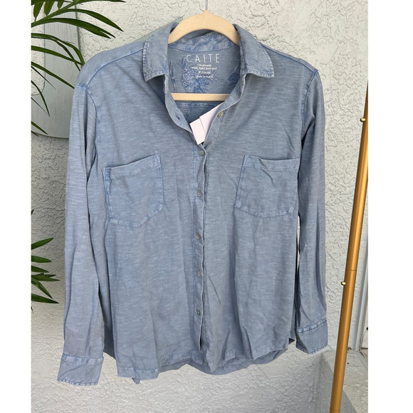 Anthropologie Tops - NWT Anthropologie Caite Sky Blue Cotton Embroidered Shirt